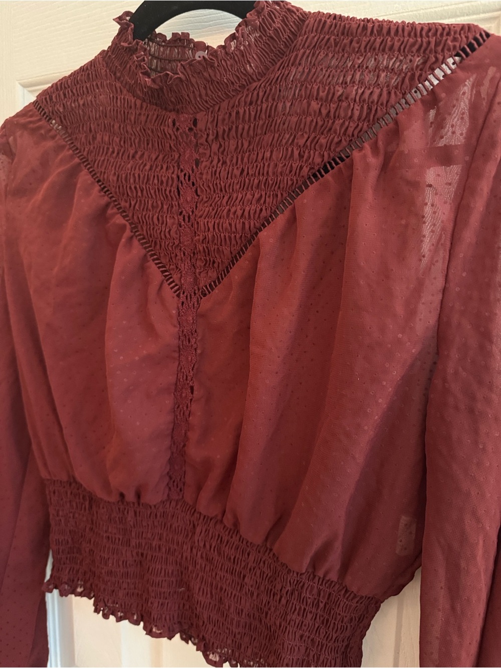 ZARA Burgundy High Neck Sheer Blouse Cinched Waist Whimsigoth Size Small - Picture 3 of 7